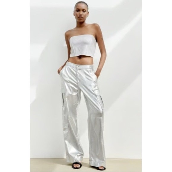 NEW Zara Silver Metallic Wide Leg Cargo Pants Luxe High Rise Utility - Picture 1 of 10